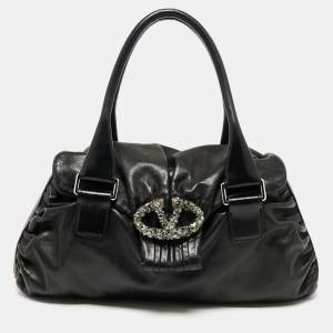 Pre Owned Valentino Black Leather Crystal Embellished Logo Flap Satchel