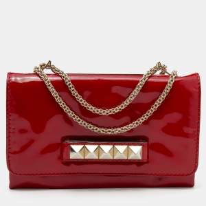Pre Owned Valentino Red Patent Leather Rockstud Va Va Voom Chain Clutch