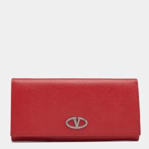Pre Owned Valentino Red Leather Crystal V Ring Flap Continental Wallet 