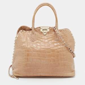 Pre Owned Valentino Beige Crocodile Leather Rockstud Tote