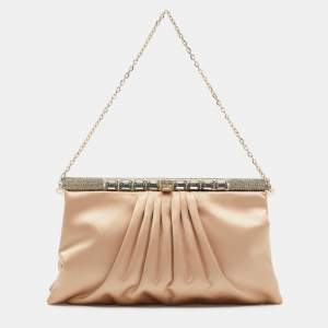 Valentino Beige Satin Crystal Embellished Chain Clutch
