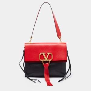 Pre Owned Valentino Black/Red Leather VRing Flap Shoulder Bag