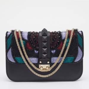 مملوكة مسبقًا Valentino Black Leather Embellished Rockstud Glam Lock Chain Shoulder Bag