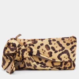 Pre Owned Valentino Beige Leopard Print Calf Hair Bow Clutch