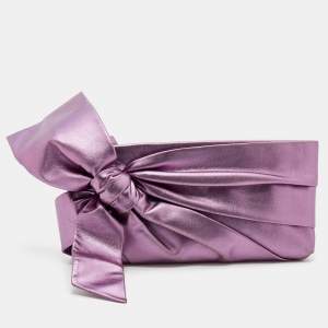 Pre Owned Valentino Metallic Purple Leather Pleated Bow Clutch