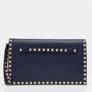 Valentino Navy Blue Leather Rockstud Wristlet Clutch