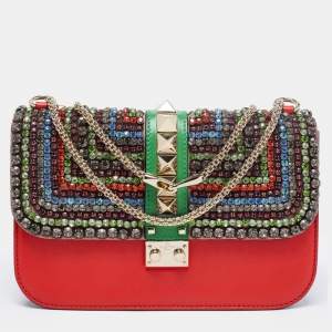 مملوكة مسبقًا Valentino Multicolor Leather Medium Embellished Rockstud Glam Lock Flap Bag