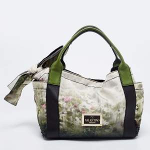 Pre Owned Valentino Multicolor Printed Nylon And Leather Double Pocket Bow Tote