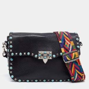 Pre Owned Valentino Black Leather Guitar Rolling Rockstud Shoulder Bag