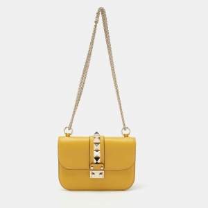 Pre Owned Valentino Yellow Leather Small Rockstud Glam Lock Flap Bag