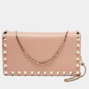 Valentino Beige Leather Mini Rockstud Chain Clutch