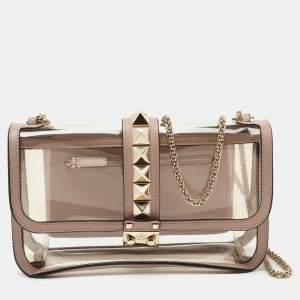Valentino Transparent/Dusty Pink PVC and Leather Small Rockstud Glam Lock Flap Shoulder Bag