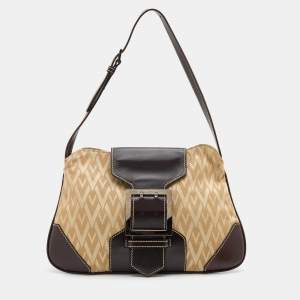Valentino Beige/Dark Brown V Fabric and Leather Flap Baguette