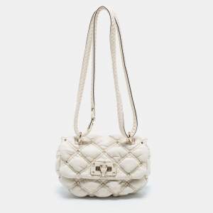 Pre Owned Valentino Off White Diamond Quilt Padded Leather Rockstud Shoulder Bag