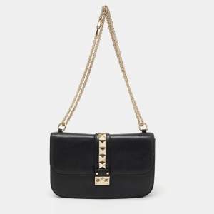 Pre Owned Valentino Black Leather Medium Rockstud Glam Lock Flap Bag