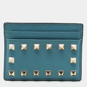 Pre Owned Valentino Blue Leather Rockstud Card Holder