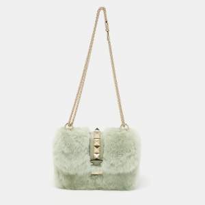 Pre Owned Valentino Green Fur Rockstud Glam Lock Shoulder Bag