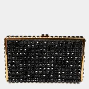 Pre Owned Valentino Black Satin Beaded Crystal Embellished Clutch