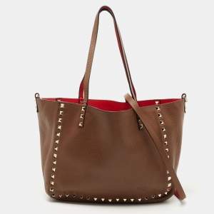 Pre Owned Valentino Brown/Red Leather Rockstud Reversible Tote