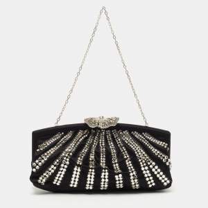 Pre Owned Valentino Black Satin Crystal Embellished Chain Clutch 