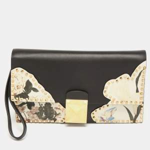 Pre Owned Valentino Black/Cream Floral Print Leather Rockstud Wristlet Clutch