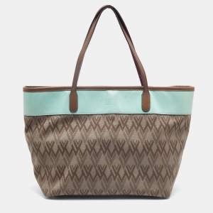 Pre Owned Valentino Brown/Light Green Monogram Canvas and Leather Shopper Tote