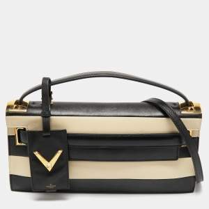 Valentino Black/White Striped Leather My Rockstud Top Handle Bag