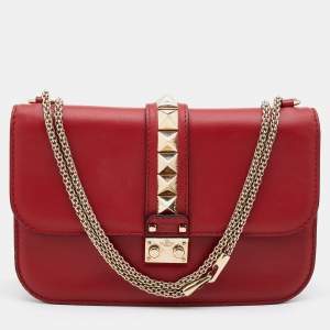 Valentino Red Leather Medium Glam Lock Chain Shoulder Bag
