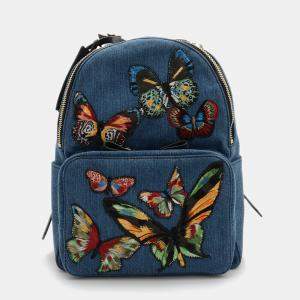 Valentino Blue Denim and Leather Butterfly Embroidered Backpack