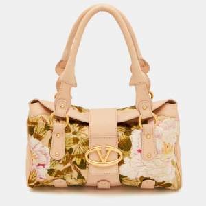 Valentino Beige Leather and Raffia Embroidered Catch Satchel