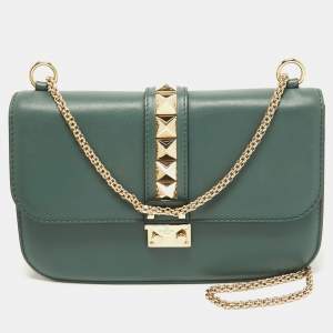 Valentino Green Leather Medium Rockstud Glam Lock Flap Bag