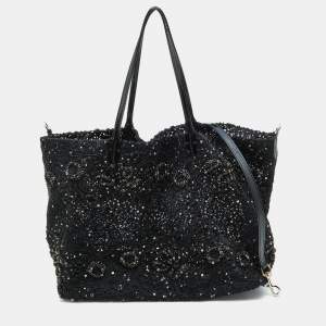 Valentino Black Laser Cut Calfhair and Patent Leather Crystal Embellished Tote