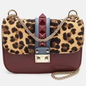 Pre Owned Valentino Multicolor Leopard Print Calfhair and Leather Small Rockstud Glam Lock Flap Bag