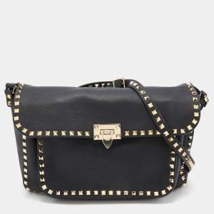Valentino Black Leather Rockstud Flip Lock Front Pocket Flap Messenger Bag 