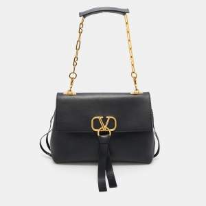 Pre Owned Valentino Black Leather Medium VRING Chain Shoulder Bag