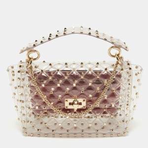 Pre Owned Valentino Clear/Red PVC Rockstud Spike Top Handle Bag
