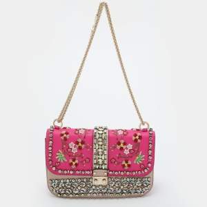 Pre Owned Valentino Pink/Beige Leather Medium Embellished Rockstud Glam Lock Flap Bag