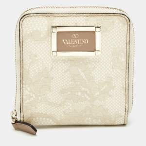 Pre Owned Valentino Cream Lace Print Leather Logo Compact Wallet