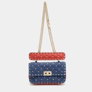 Valentino Blue/Red Quilted Denim and Leather Small Rockstud Spike Chain Shoulder Bag