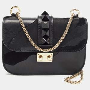 Valentino Black Camo Leather Small Rockstud Glam Lock Flap Bag