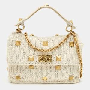 Valentino Off White Knitted Fabric Large Roman Stud Chain Bag
