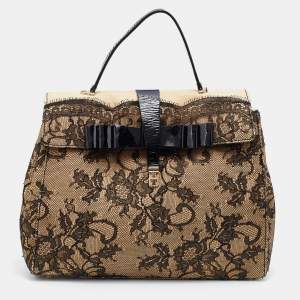 Pre Owned Valentino Beige/Black Raffia, Lace and Patent Leather Top Handle Bag