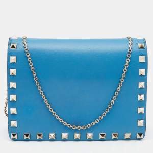 Pre Owned Valentino Blue Leather Flap Rockstud Wallet on Chain