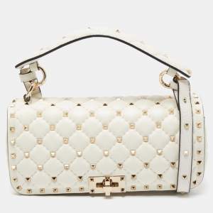 Pre Owned Valentino White Quilted Leather Rockstud Spike Top Handle Bag