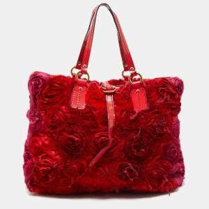 Valentino Red/Pink Silk And Patent Leather Rosier Tote
