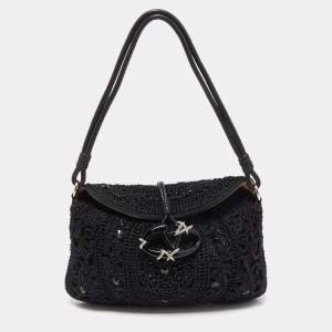 Valentino Black Bead Embellished Crochet Fabric V Ring Baguette Bag