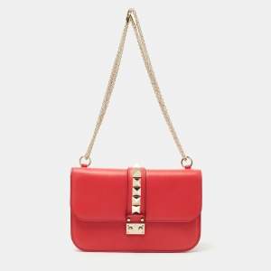Pre Owned Valentino Coral Red Leather Medium Glam Lock Chain Shoulder Bag
