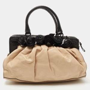 Pre Owned Valentino Beige/Black Leather and Watersnake Lacca Fleur Frame Satchel