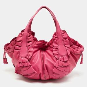 Pre Owned Valentino Pink Leather Ruffle Idylle Hobo