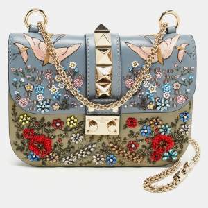 Valentino Multicolor Leather Small Floral Embellished Rockstud Glam Lock Flap Bag